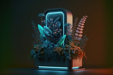 Sticker - Abstract fantasy floral sci-fi neon portal. Flower plants with neon illumination. AI