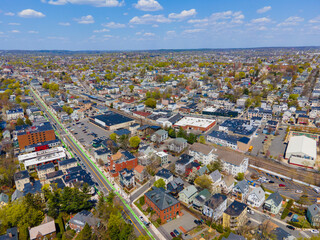 Wall Mural - Somerville city center aerial view on Beacon Street in spring, city of Somerville, Massachusetts MA, USA. 
