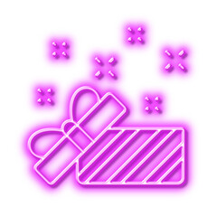 Poster - gift box open line icon. christmas or new year present sign. neon light effect outline icon.