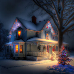 Wall Mural - christmas house with lights