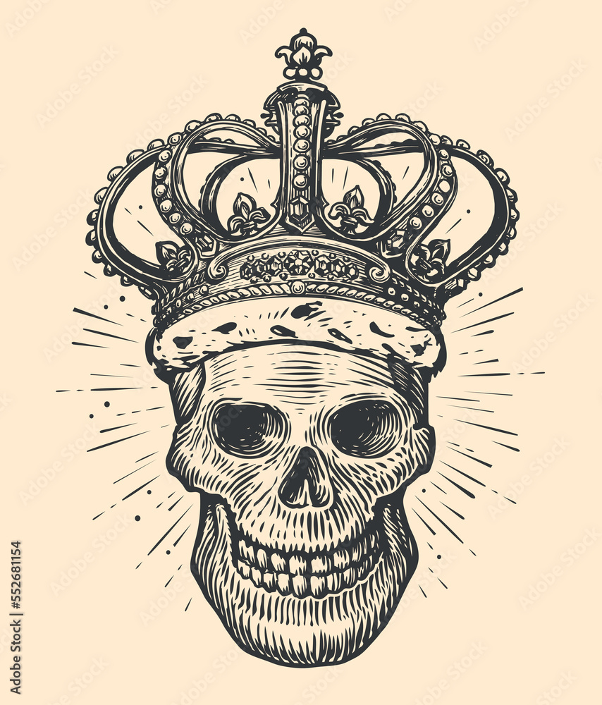 Human skull with king crown. Hand drawn sketch in vintage engraving ...