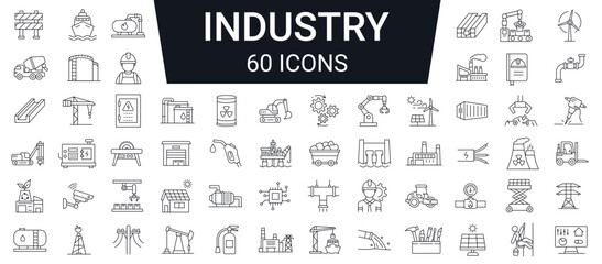 Set of  60 industial, Construction,  Power Industry   line icons. Editable stroke. Vector illustration