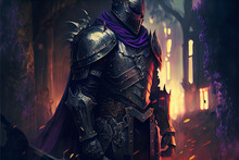 The Undead Knight In Medieval Armors Prepares For Battle Against A Background Dawn, Digital Art Style, Illustration Painting 