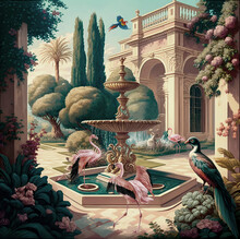 Wallpaper Landscape Garden Of An Old Mansion With A Garden With Trees, Flowers, A Fountain With Flamingos, Birds And Butterflies - Vintage Digital Painting