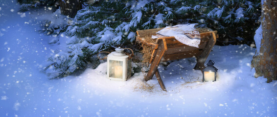 Wall Mural - Manger with straw. Christmas background