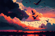 Birds Shaped Cloud In Sunset Sky,illustration Painting 