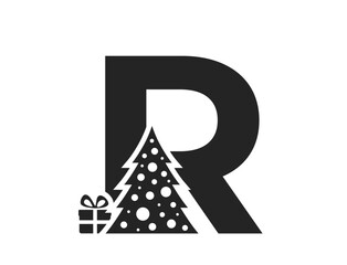 Wall Mural - letter r with christmas tree and gift. holiday initial letter for Christmas, new year and winter design