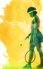 Canvas Print - Side view of african american female tennis player with ball and racket over yellow smoky background