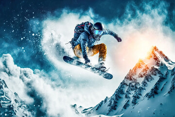 Snowboard Wintersport Extrem Abfahrt Downhill Competition Wettbewerb Tiefschnee Abfahrt Generative AI Technology Digital Art Illustration