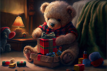 Teddy Bear Opening Christmas Gifts, Teddy Bear Opening Christmas Presents,generative Ai