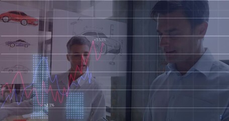 Poster - Animation of financial data processing over diverse business people in office