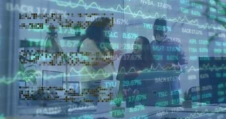 Poster - Animation of stock market data processing over diverse colleagues high fiving each other at office