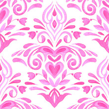 Watercolor Pink Damask Hand Drawn Floral Design With Hearts And Flowers.