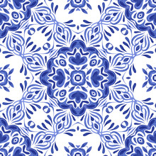 Watercolor Blue Damask Hand Drawn Floral Design. Persian Abstract Flower Background. Seamless Mediterranean Mosaic Azuejo Luxury Pattern