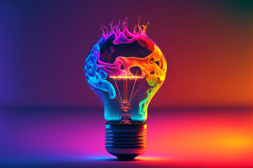 Wall Mural - a colorful glowing 3d idea bulb lamp, visualization of brainstorming, bright idea and creative thinking, generative ai
