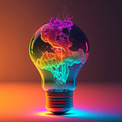 Wall Mural - a colorful glowing 3d idea bulb lamp, visualization of brainstorming, bright idea and creative thinking, generative ai
