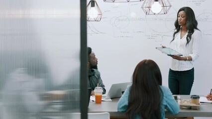 Poster - Talking woman, tablet or speaker whiteboard in office meeting, project management or prototype engineering planning. Mentor, coach or leadership with technology in training workshop or collaboration
