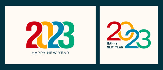 Happy new year 2023 minimalist text design. Modern design concept for postcard, invitation, banner, template, poster, flyer, cover and social media post for 2023. Bright new year typography.