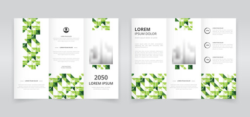 Wall Mural - Modern trifold brochure template with green colored artwork, trifold flyer layout, pamphlet, leaflet