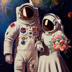 Wall Mural - The wedding of astronaut travelers. The concept of space travel. Generative AI