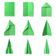 © New Africa - How to make paper plane: step by step instruction. Collage with photos of folded green paper sheets on white background, top view