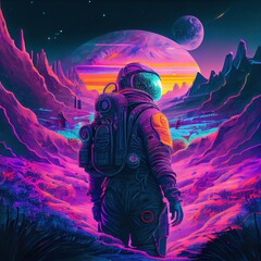 an astronaut on an alien planet. a high-tech astronaut from the future. the concept of space travel.