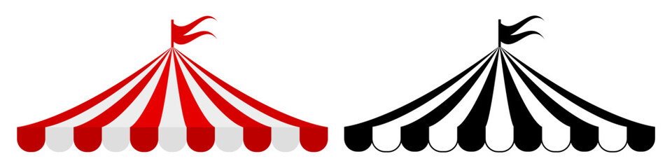 Circus tent with a split flag striped red and solid black icon. Flat vector illustration isolated on white