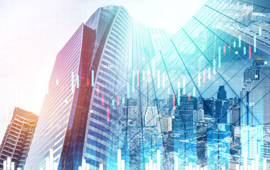 Wall Mural - Financial graphs and digital indicators overlap with modernistic urban area, skyscrabber for stock market business concept. Double exposure.