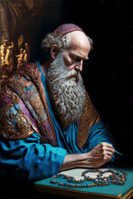 Illustration Of Old Man With Long White Beard Writing A Letter Depicting The Apostle St. Paul, Created With Generative AI Technology