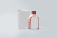 Beige Cream Bottle With Empty Label With Red Cap And Blank Box, Mock-up Template, Isolated On Gray Background