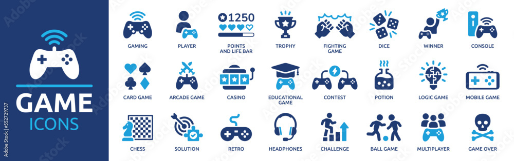 Game icon set. Gaming icon elements containing points and life bars, console, player, chess, multiplayer, casino and mobile game icons. Solid icon collection.