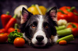 Healthy dog food concept: Illustration of a dog sitting beneath vegetables. Content is created with generative ai