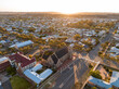 Early morning sunrise high angle aerial drone view of the Cathedral of the Sacred Heart of Jesus, a catholic church, and the historic outback mining town of Broken Hill, New South Wales, Australia.