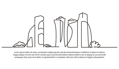 Continuous line design of cityscape. Friendly future city design concept. Panorama of skyscrapers. Decorative elements drawn on a white background.