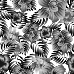 Wall Mural - floral seamless pattern with tropical palm leaves and plants foliage on white background. Floral background. vintage monochromatic stylish flowers. interior decorative. Exotic tropics. Summer design