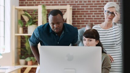 Poster - Startup office, laptop and teamwork discussion for black man, women or diversity in collaboration meeting. Man, woman and digital marketing in modern office with team, strategy or brainstorming group