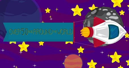 Poster - Rocket with Over 50 and around the world Banner in Space. Cartoon Animation.