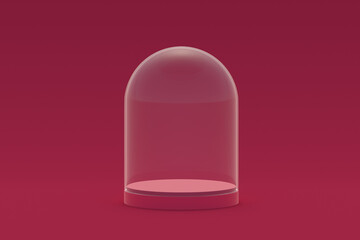 Glass dome of magenta on red background. Color of the year 2023. 3d render