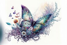  A Butterfly With Flowers And Butterflies Flying Around It's Wings.