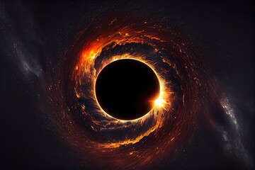 Supermassive black hole in the space. Stunning photorealistic illustration generated by Ai. Generative art.