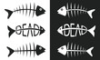 set of fish icons. Dead fish cartoon, fish bone and skeleton on black and white background vector