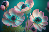 Fototapeta Kwiaty - Gently pink flowers of anemones outdoors in summer spring close-up on turquoise background with soft selective focus. Delicate dreamy image of beauty of nature. Digital artwork