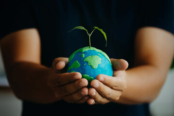 Wall Mural - earth and plant were held in human hands. earth day. energy saving concept, ecology, and environment