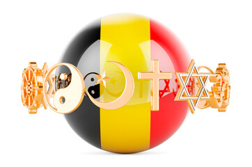 Wall Mural - Belgian flag painted on sphere with religions symbols around, 3D rendering