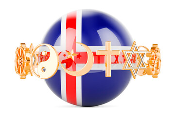 Wall Mural - Icelandic flag painted on sphere with religions symbols around, 3D rendering