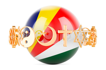 Seychelloise flag painted on sphere with religions symbols around, 3D rendering