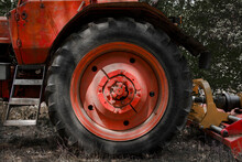 Wheel Of An Old, Retro Red Tractor