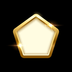 Poster - 3d plate button of pentagon shape with golden frame vector illustration. Realistic isolated website element, golden glossy label for game UI, badge of navigation menu with shiny light effect on border