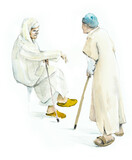 Fototapeta  - Two old man in national clothes talking on the street. Watercolor sketch from Morocco. Hand rdawn illustration	