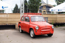 Little Red Car Running In The City. 25 August 2022 - Ukraine, Kyiv